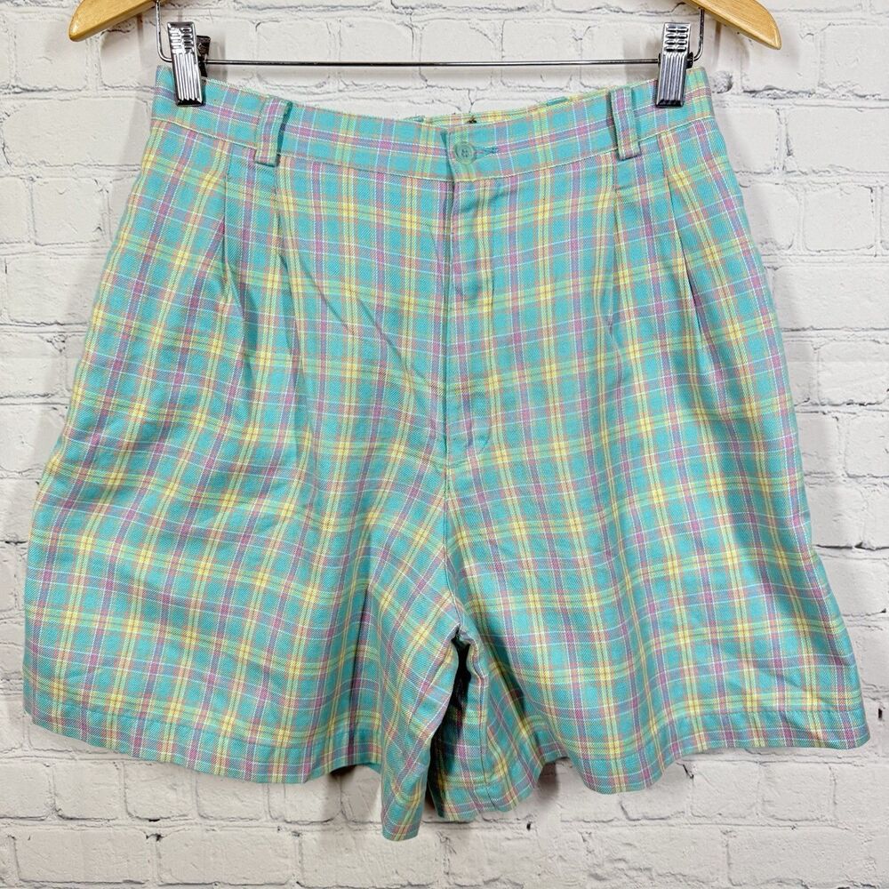 Vintage 90s Liz Sport Shorts Women Size 10 Plaid Blue Bermuda Pleated Y2K Resort